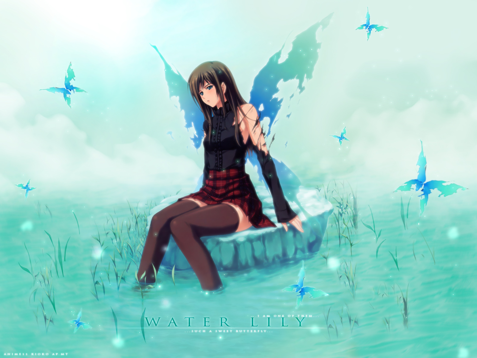 blue, brown_hair, innocent_grey, long_hair, pianissimo, shirakawa_ayane, skirt, sugina_miki, thighhighs, water, wings