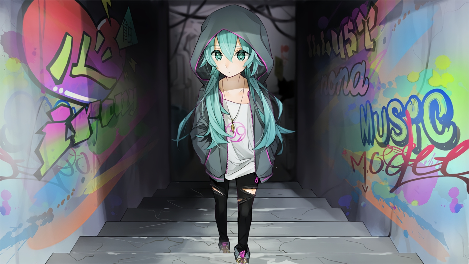 aqua_eyes, aqua_hair, building, graffiti, hatsune_miku, hood, long_hair, marchen_noir, necklace, shirt, torn_clothes, twintails, vocaloid, waifu2x