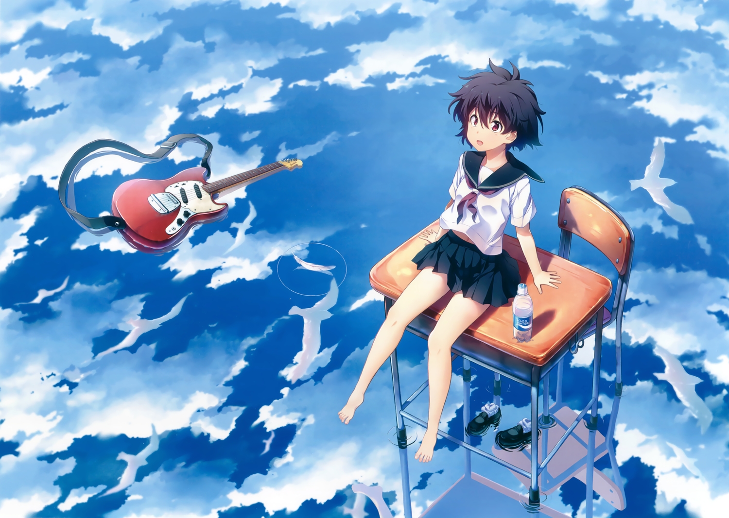 guitar, instrument, kuuchuu_yousai, original, reflection, scan, school_uniform, water
