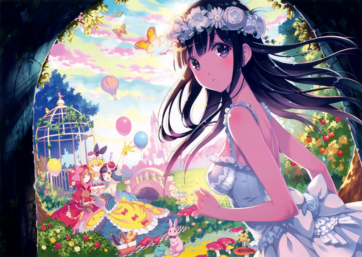 alice_in_wonderland, alice_(wonderland), animal, apple, aqua_eyes, bird, black_hair, blonde_hair