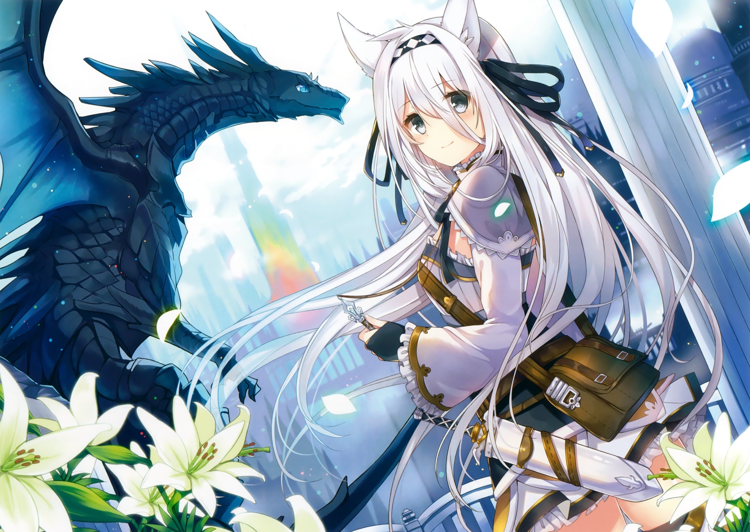 animal_ears, blush, dragon, dress, long_hair, mishima_kurone, original, scan