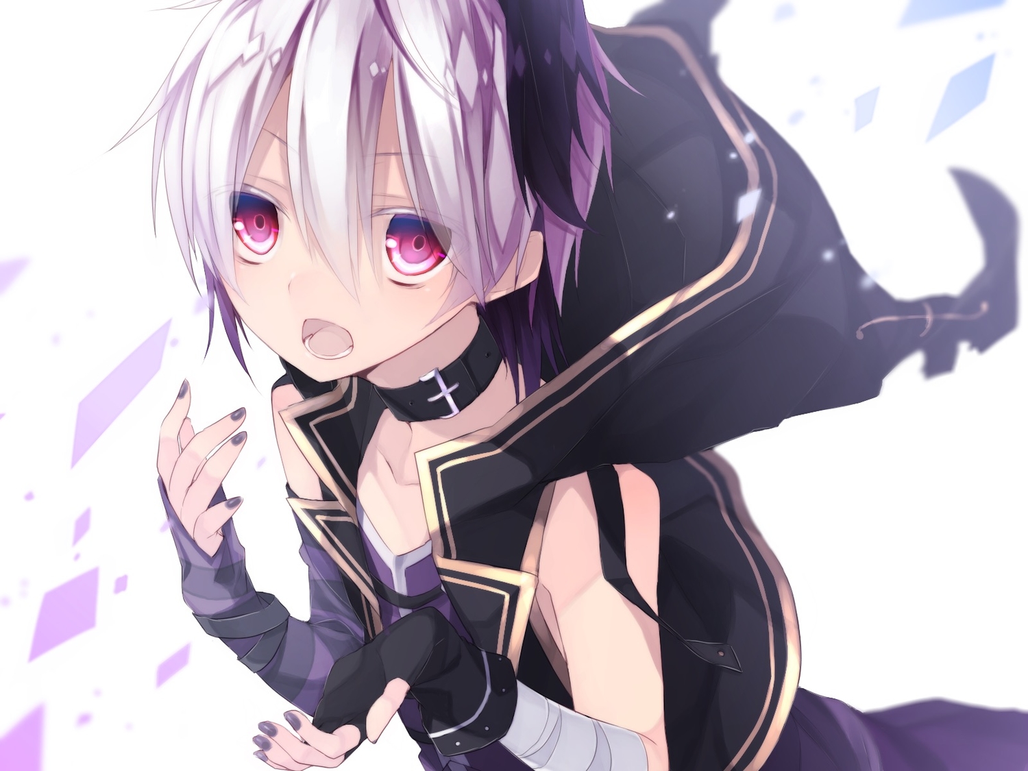aliasing, bandage, collar, flat_chest, flower_(vocaloid), gloves, gray_hair, hood