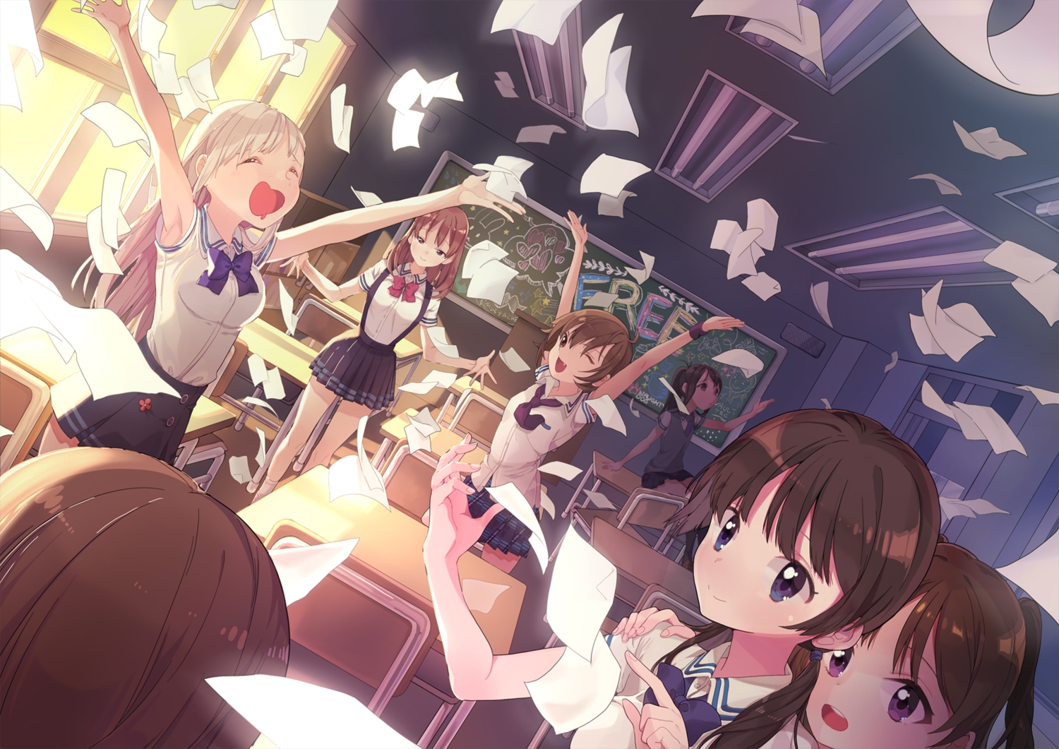 adcd, blonde_hair, blue_eyes, brown_eyes, brown_hair, group, original, paper