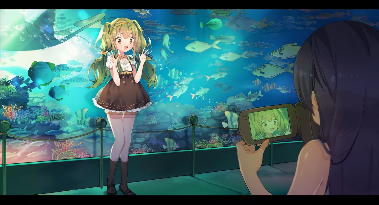 2girls, adcd, animal, camera, dress, fish, original, socks