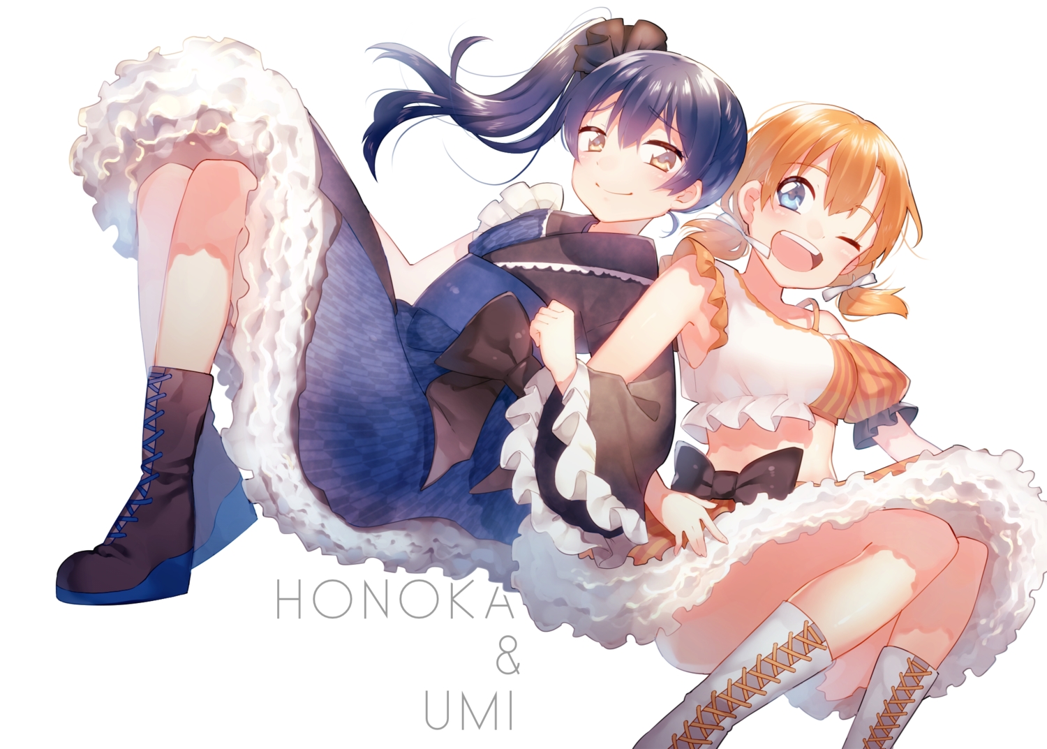2girls, blue_eyes, blue_hair, boots, bow, dress, kousaka_honoka, love_live!_school_idol_project, orange_hair, ponytail, skirt, sonoda_umi, tsubura, twintails, yellow_eyes