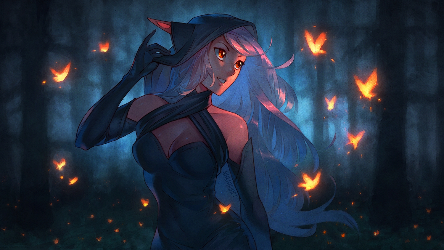animal, breasts, butterfly, cleavage, forest, hood, long_hair, nakanoart, original, purple_hair, red_eyes, tree