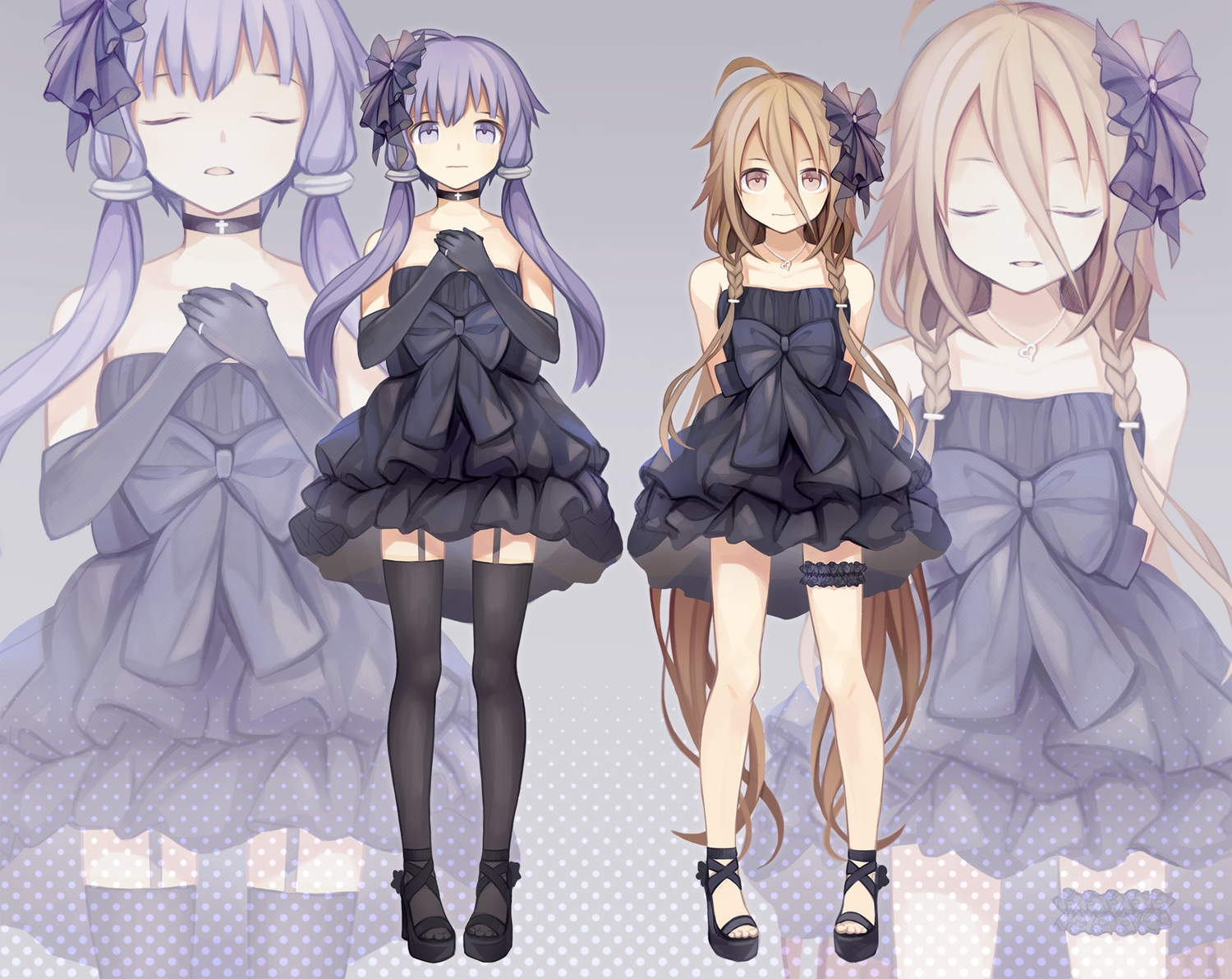 2girls, bow, choker, dress, elbow_gloves, garter, garter_belt, gloves