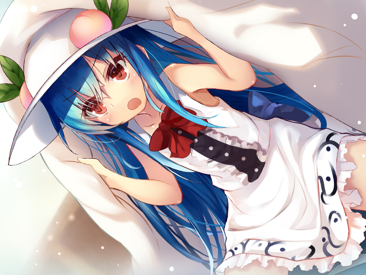 blue_hair, bow, dress, efe, food, fruit, hat, hinanawi_tenshi