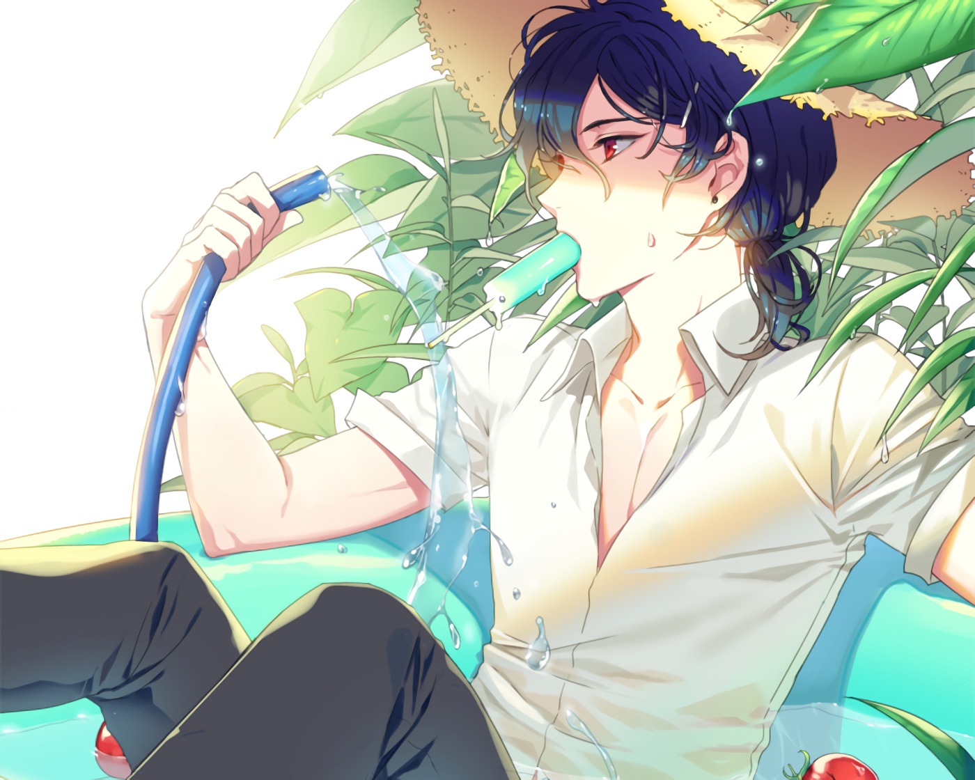 all_male, black_hair, cropped, enk, ensemble_stars!, hat, male, popsicle, red_eyes, sakuma_rei, waifu2x, water