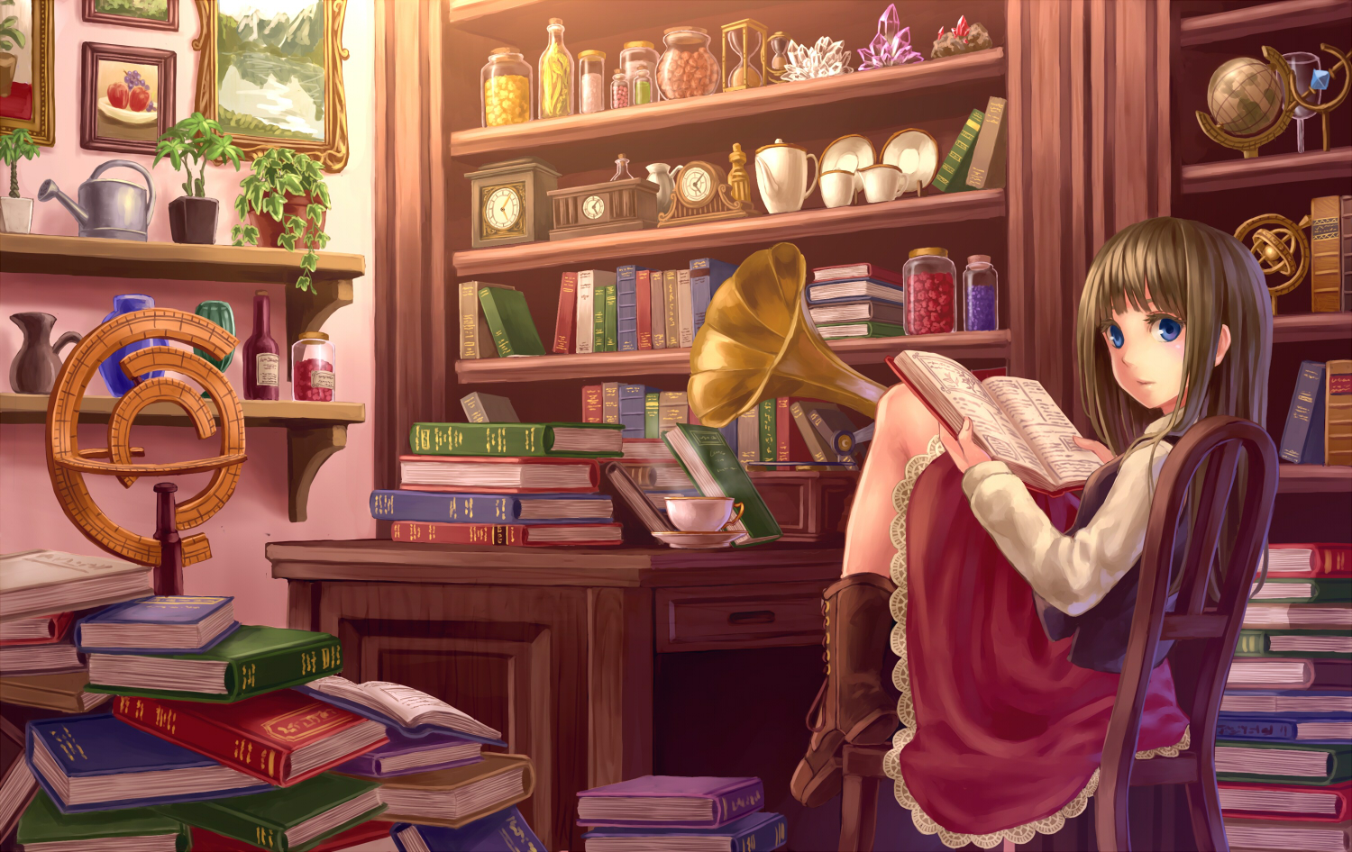 blue_eyes, book, boots, brown_hair, dress, drink, long_hair, original, teiraa