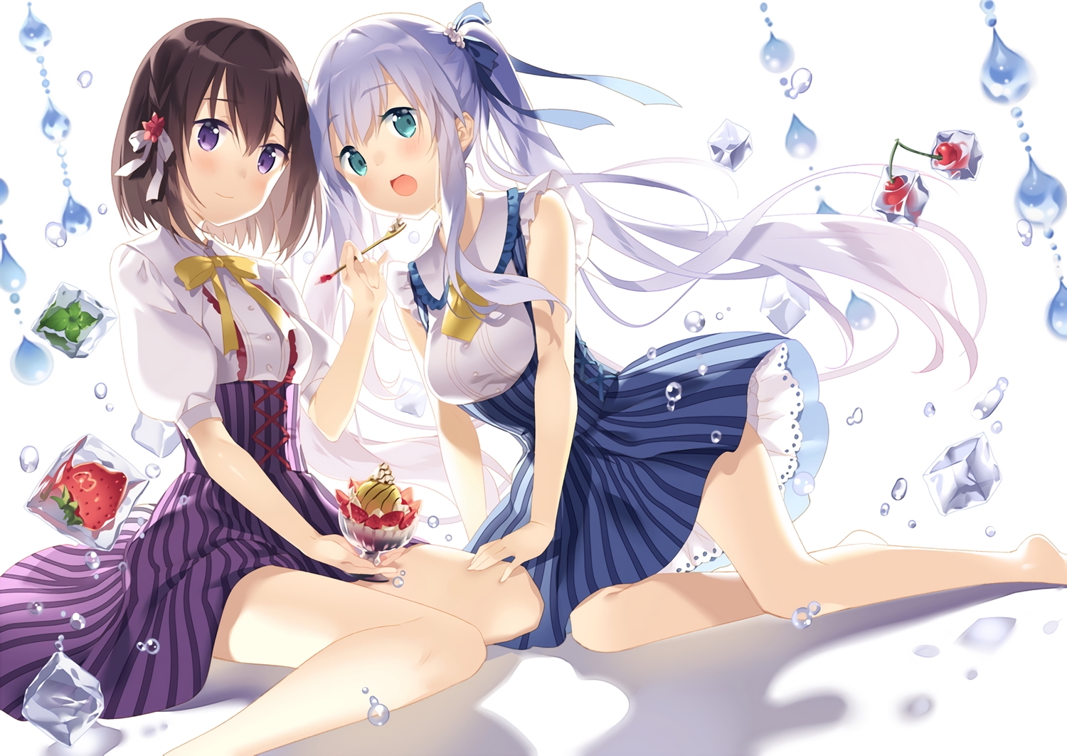 2girls, aqua_eyes, blush, bow, breasts, brown_hair, food, fruit, ice_cream, long_hair, original, purple_eyes, ribbons, rie_(reverie), short_hair, skirt, strawberry, waifu2x, water