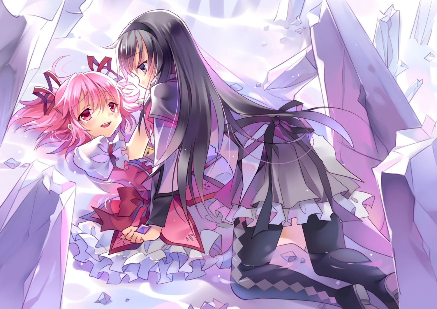 2girls, akemi_homura, bow, brown_hair, crying, kaname_madoka, long_hair, mahou_shoujo_madoka_magica