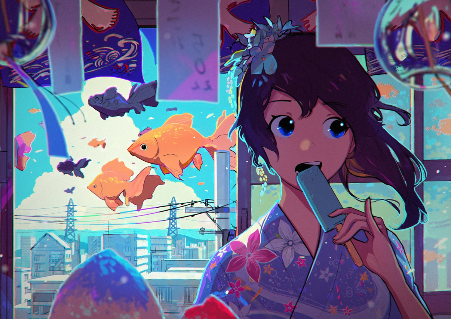animal, blue_eyes, brown_hair, building, city, fish, flowers, food