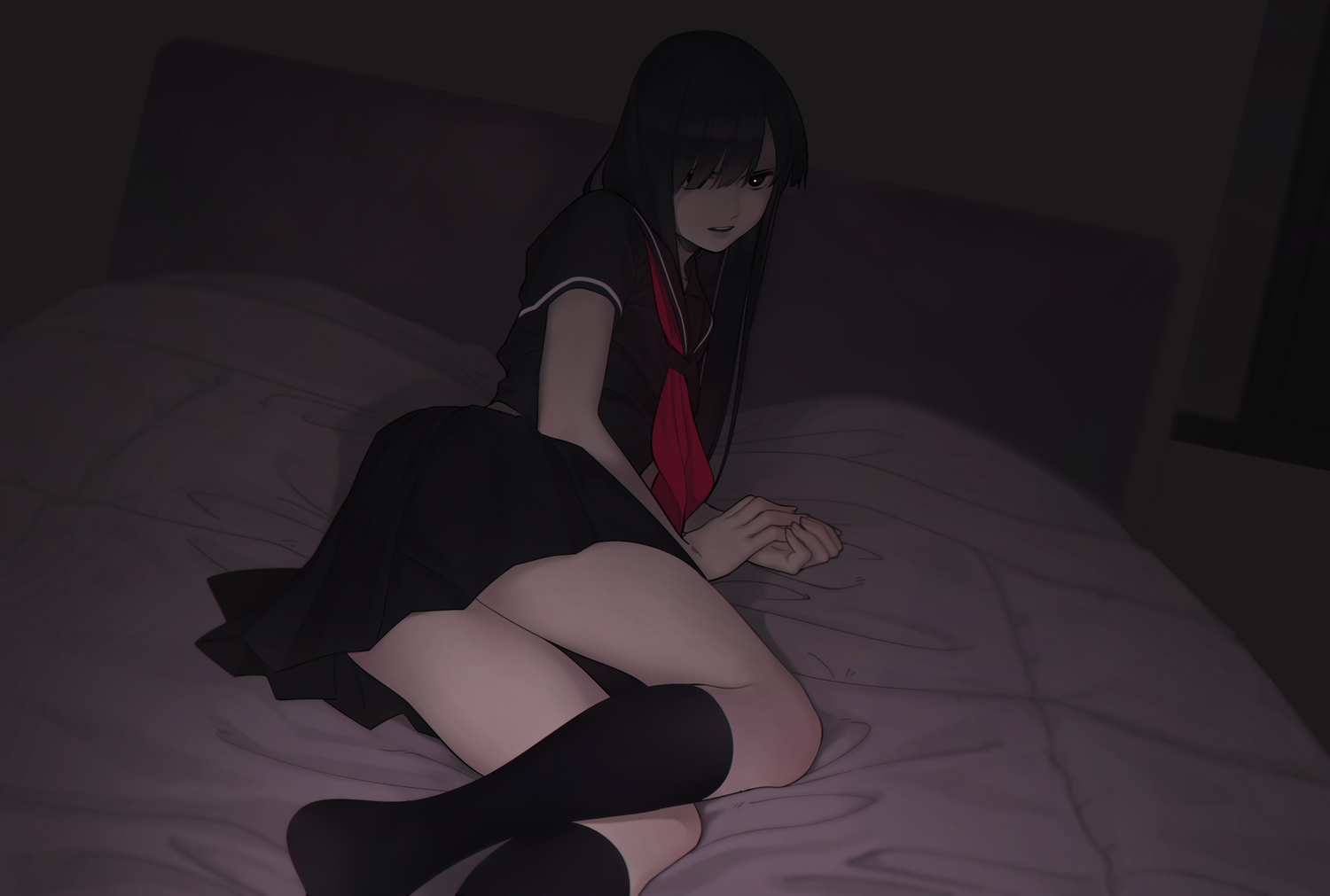 aconitea, bed, black_eyes, black_hair, dark, himegoto_-_juukyuusai_no_seifuku, kneehighs, long_hair, nagao_mikako, night, school_uniform, third-party_edit
