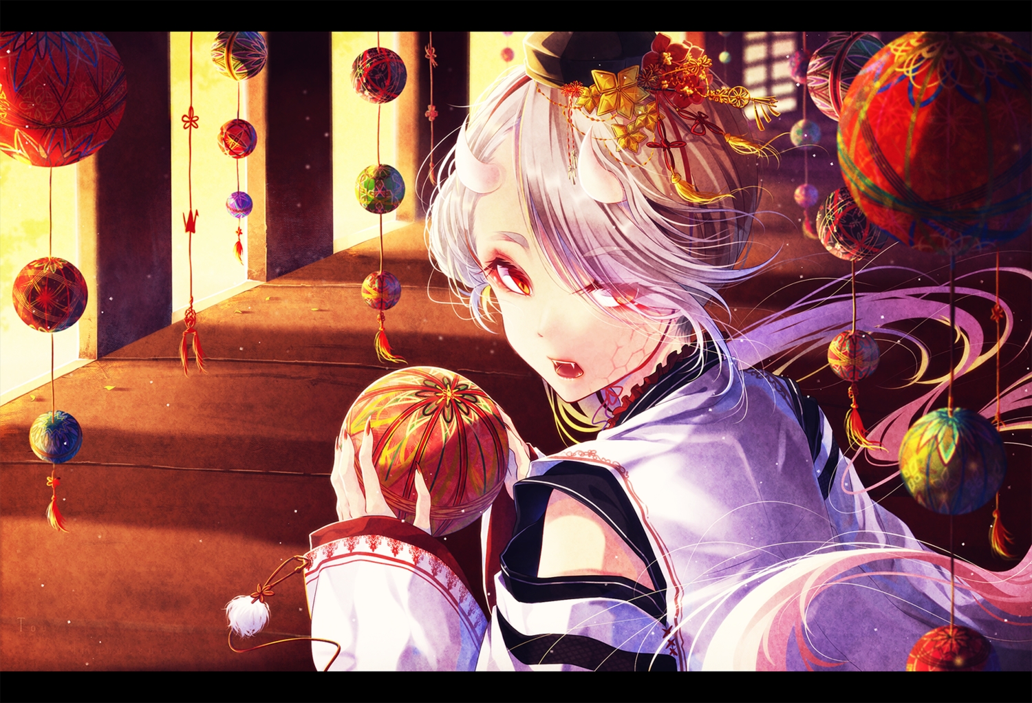 all_male, anthropomorphism, building, fang, horns, ima-no-tsurugi, japanese_clothes, long_hair, male, mokoppe, red_eyes, touken_ranbu, white_hair