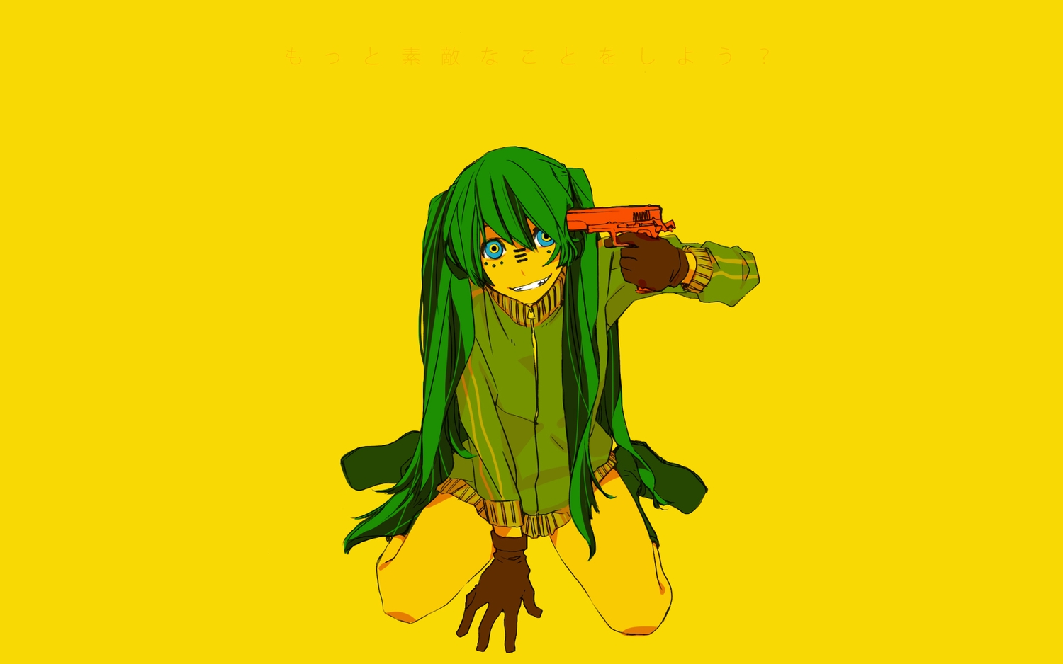 blue_eyes, gloves, green_hair, gun, hatsune_miku, long_hair, matryoshka_(vocaloid), polychromatic, sagiyama, vocaloid, weapon, yellow