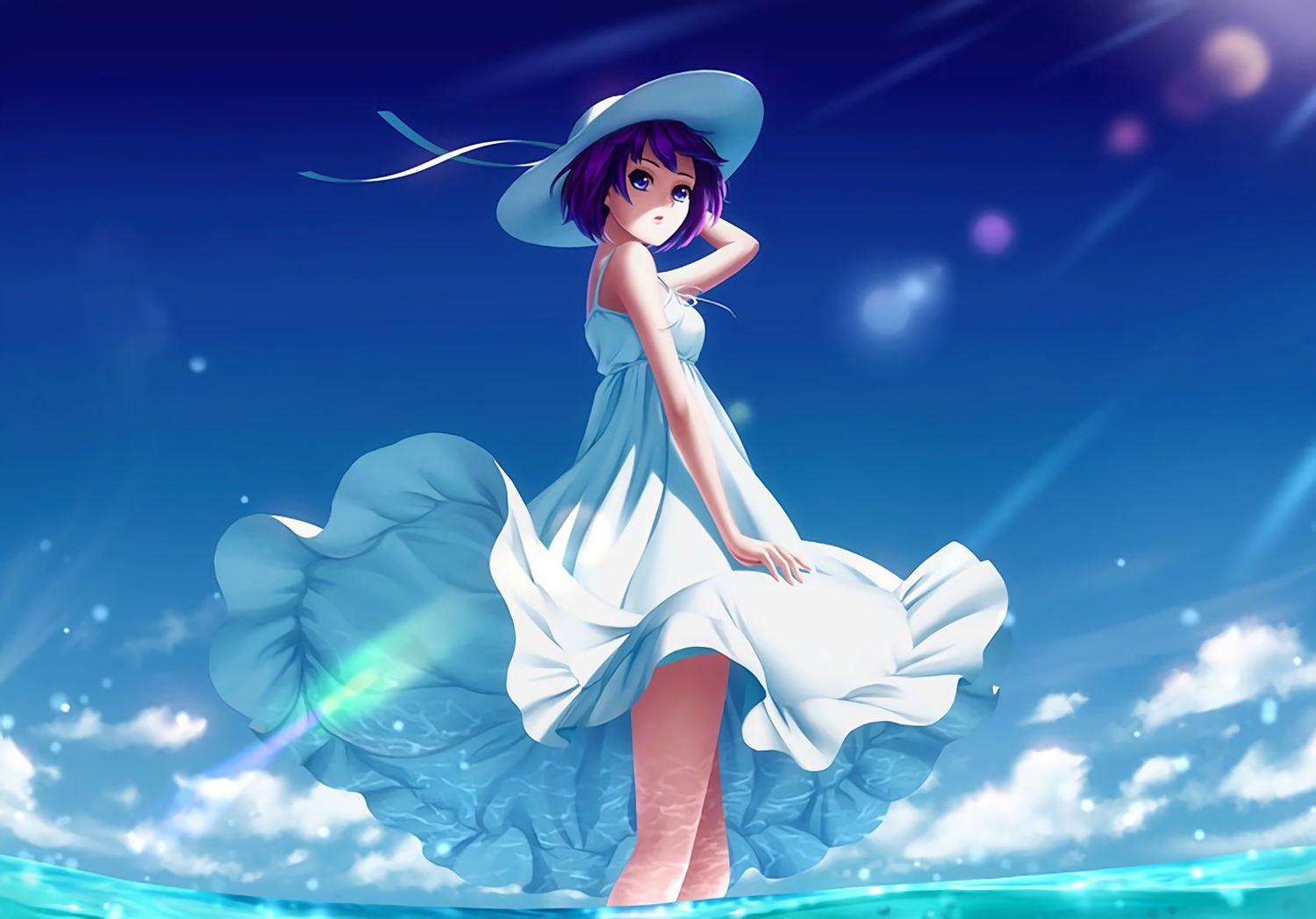 bakemonogatari, beach, dine&rita, dress, hat, monogatari_(series), purple_hair, senjougahara_hitagi, sky, summer, summer_dress, waifu2x