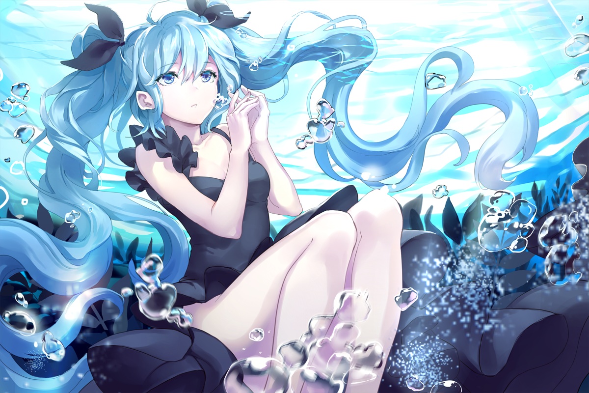 aqua_eyes, aqua_hair, bubbles, ddaomphyo, deep-sea_girl_(vocaloid), dress, hatsune_miku, long_hair, twintails, underwater, vocaloid, water