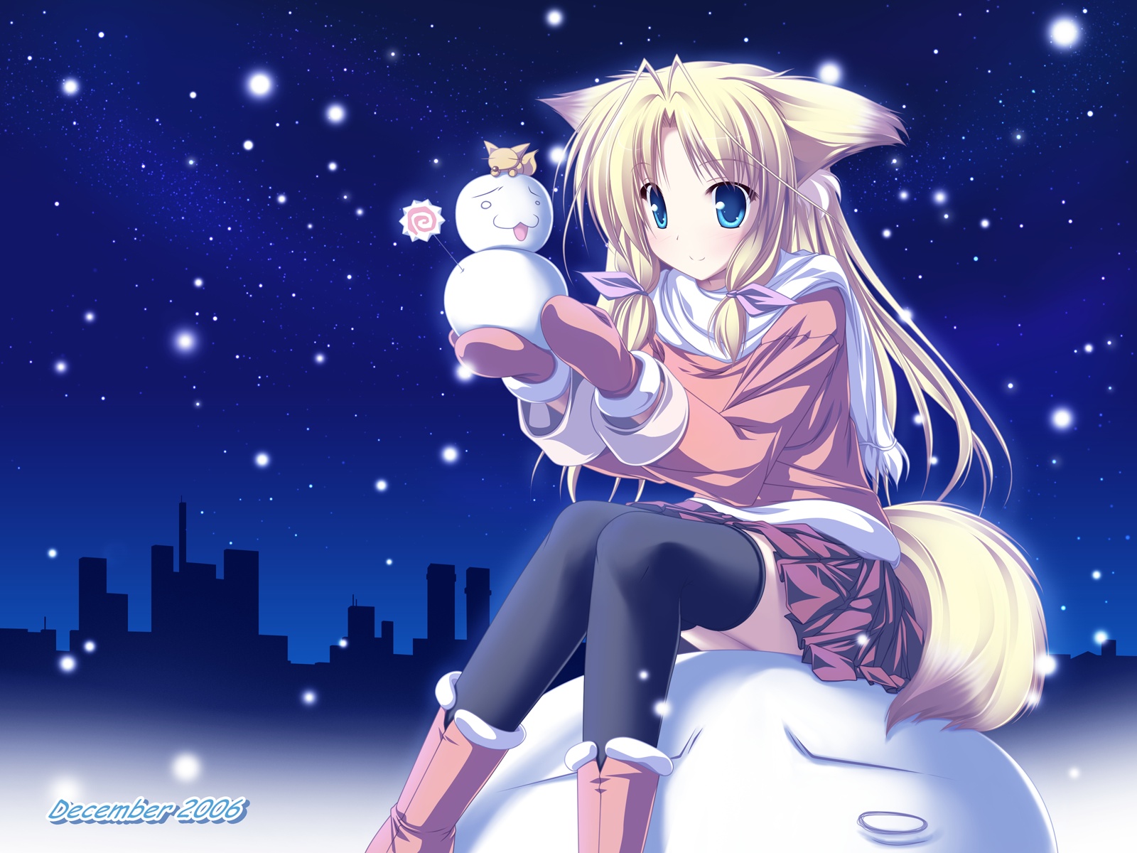 animal_ears, blonde_hair, blue, blue_eyes, christmas, foxgirl, inakoi, kamishiro_mutsuki, santa_costume, snow, thighhighs