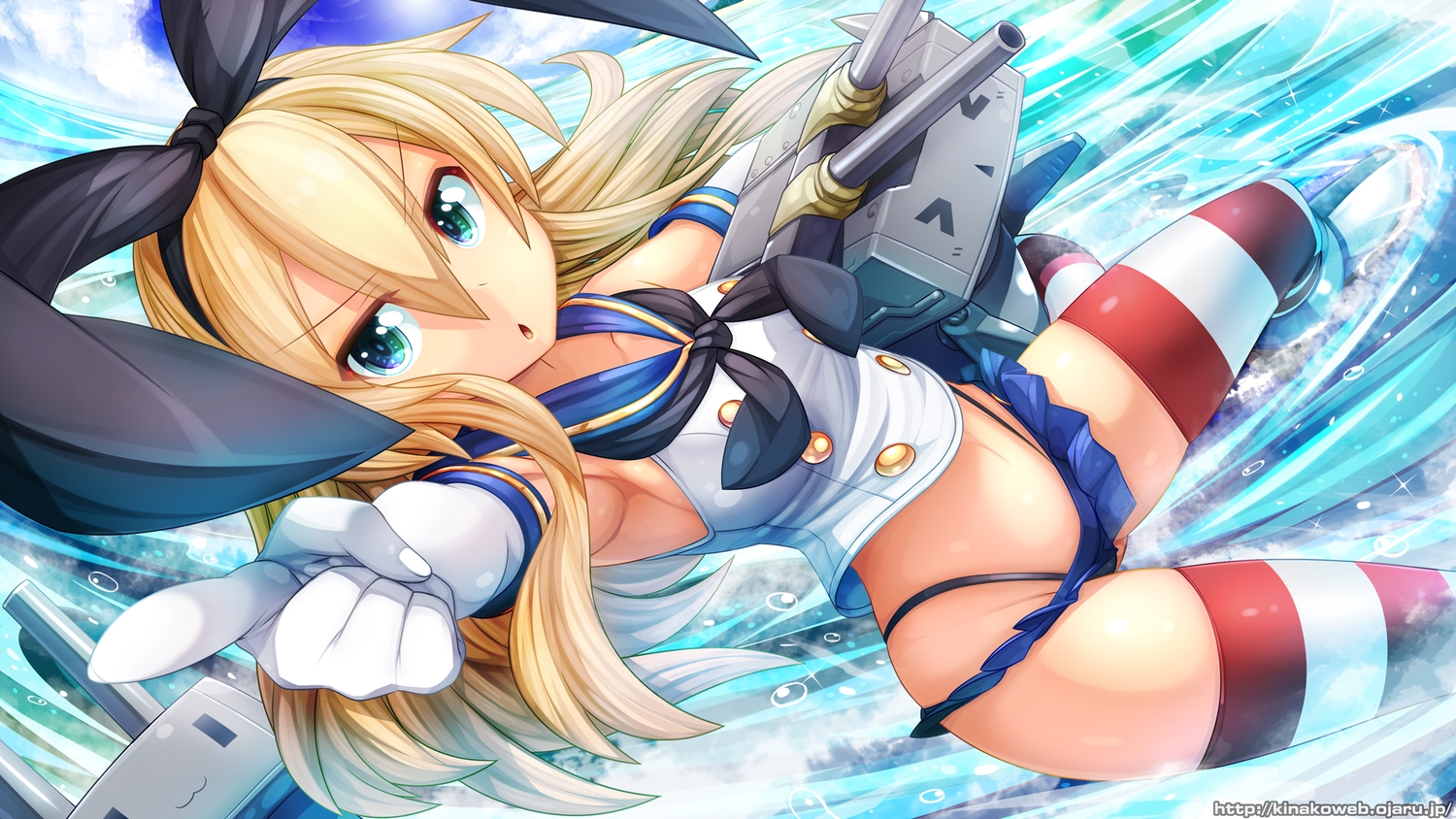 anthropomorphism, blonde_hair, blue_eyes, headband, kantai_collection, kinakoweb, panties, rensouhou-chan, shimakaze_(kancolle), skirt, thighhighs, underwear, water, watermark