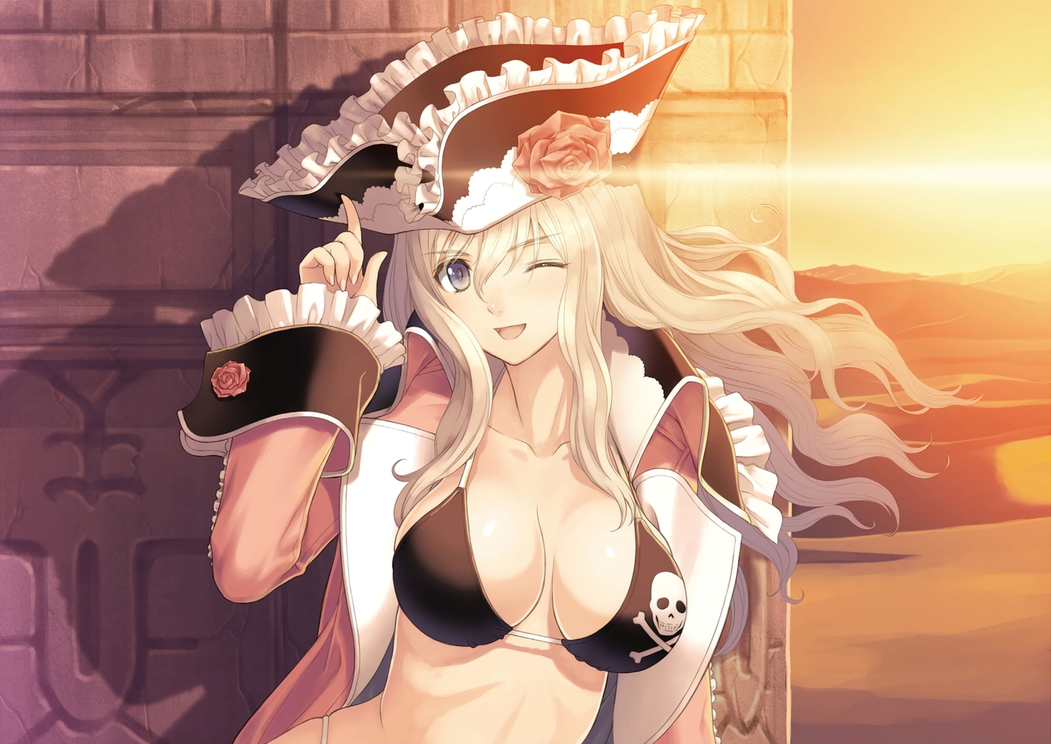 bikini, blonde_hair, breasts, cleavage, green_eyes, hat, pirate, shining_ark