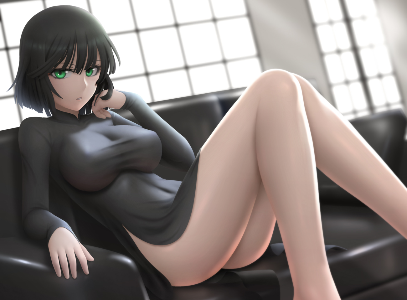 ass, black_hair, breasts, couch, dress, fubuki_(onepunch_man), green_eyes, onepunch_man, short_hair, siraha