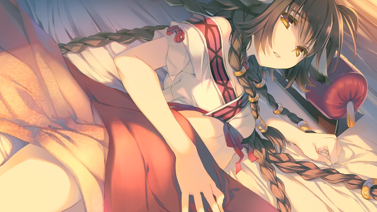 anju_(utawarerumono), bed, black_hair, braids, breasts, game_cg, mitsumi_misato, utawarerumono