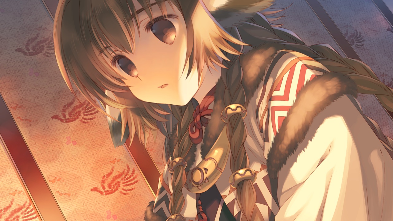 animal_ears, anju_(utawarerumono), black_eyes, black_hair, braids, close, dress, game_cg