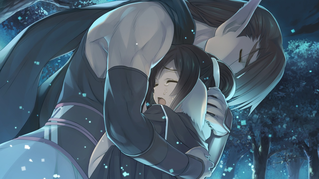 amazuyu_tatsuki, black_hair, crying, game_cg, hug, kuon_(utawarerumono), male, mitsumi_misato, oboro, pointed_ears, tears, utawarerumono, utawarerumono_itsuwari_no_kamen