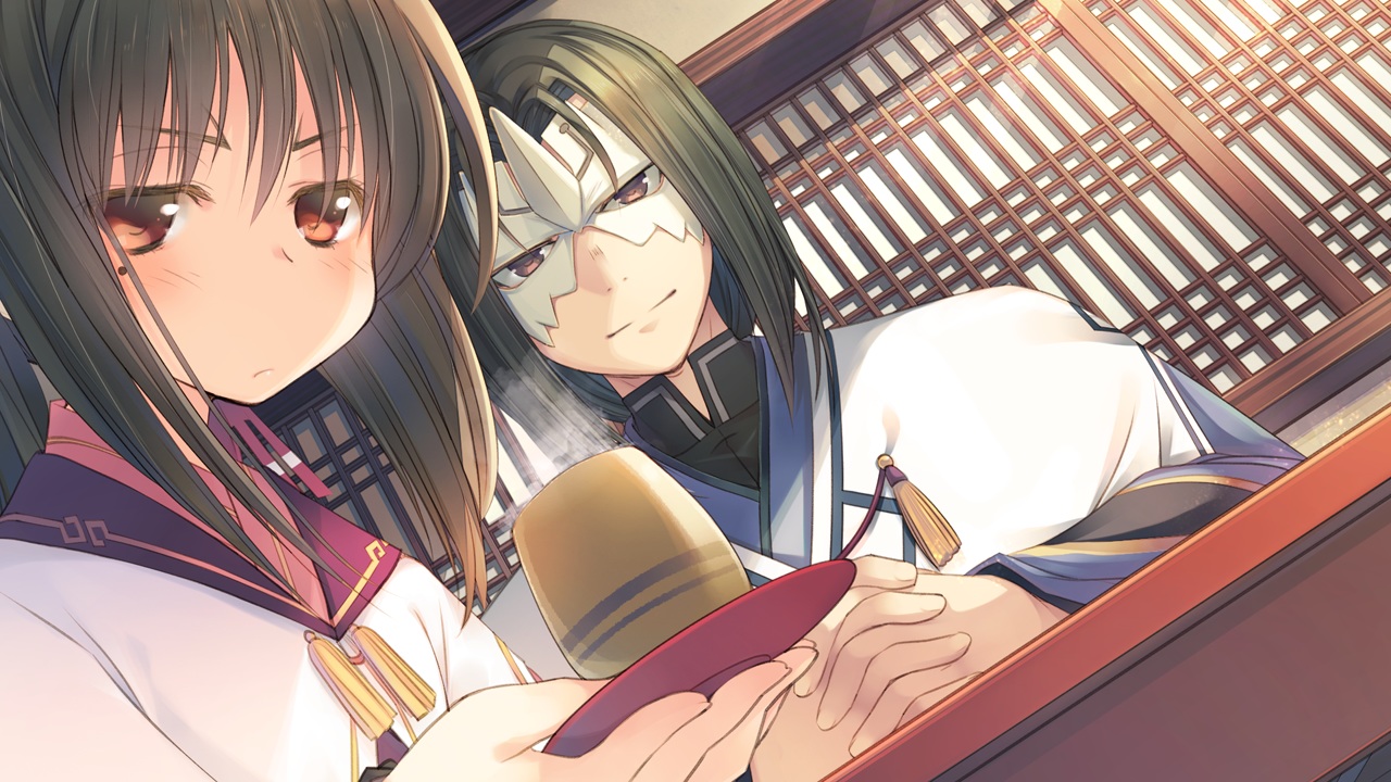 amazuyu_tatsuki, black_hair, game_cg, japanese_clothes, male, nekone_(utawarerumono), oshutoru, red_eyes