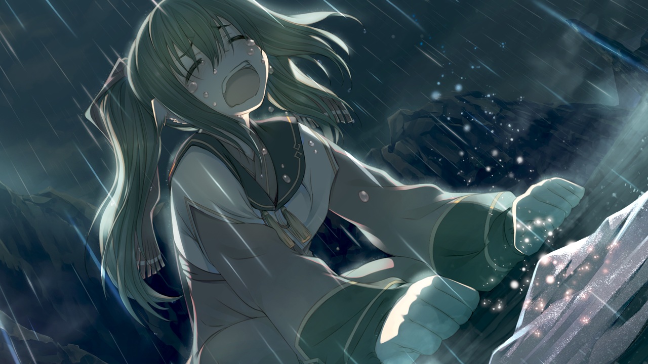 amazuyu_tatsuki, brown_hair, crying, game_cg, nekone_(utawarerumono), rain, ribbons, school_uniform