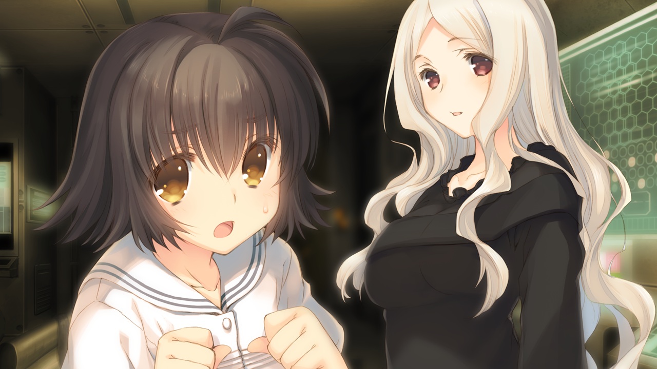 2girls, anju_(utawarerumono), black_hair, blush, breasts, dress, game_cg, long_hair