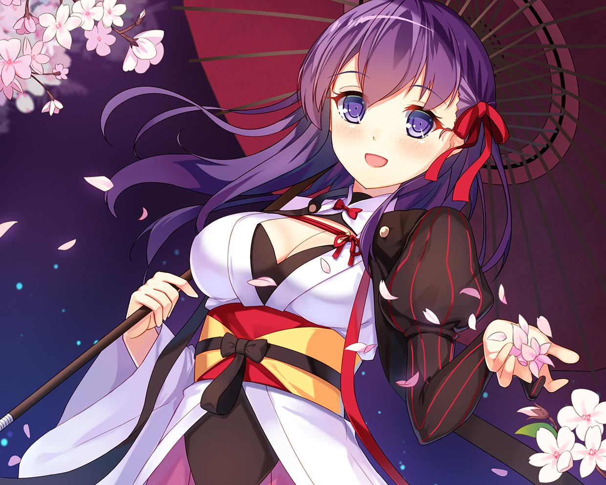 blush, bow, breasts, cherry_blossoms, cleavage, cropped, dance_of_eternity, fate_(series)