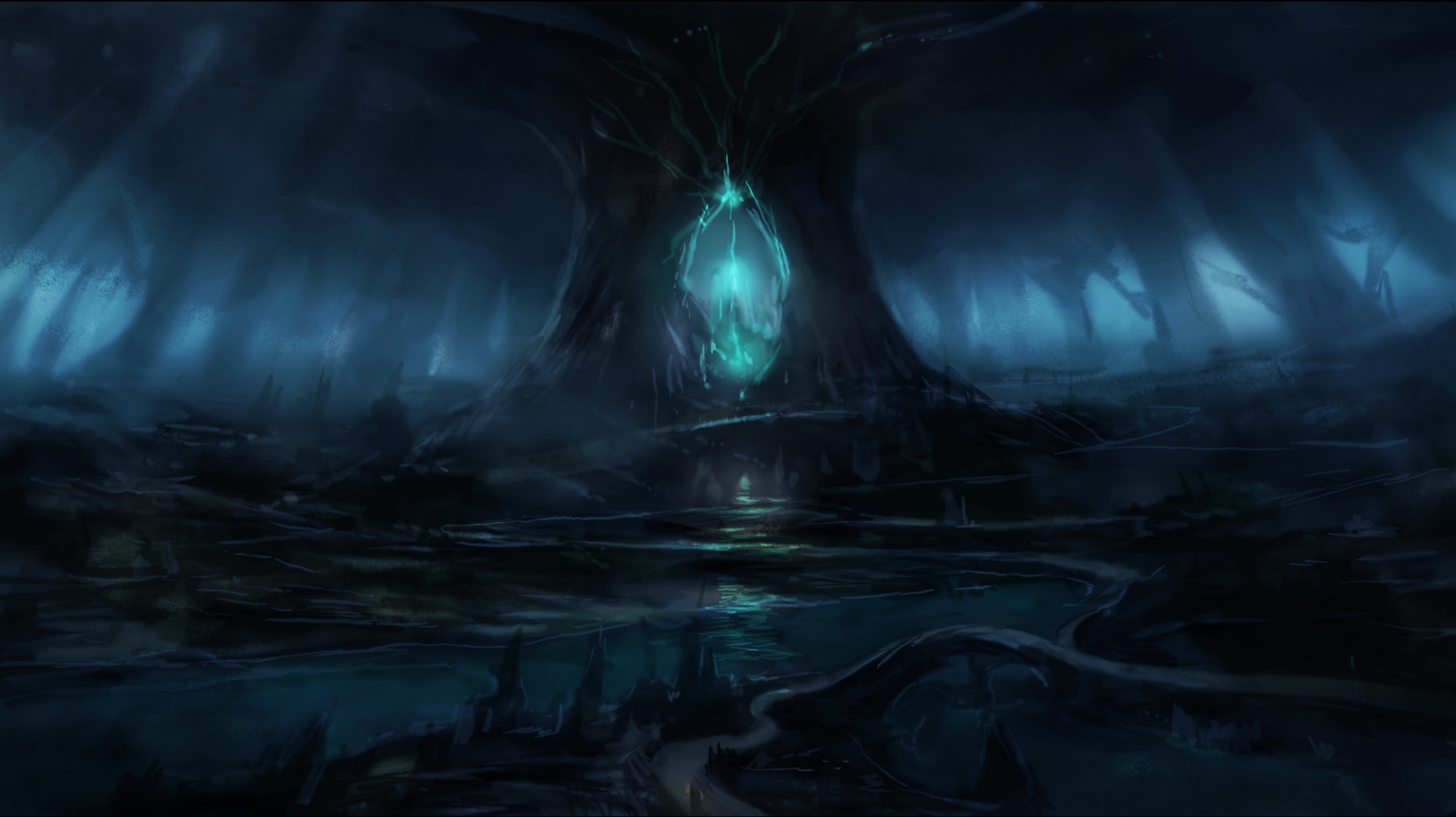 blue, dark, magic, no_humans, okuto, original, scenic
