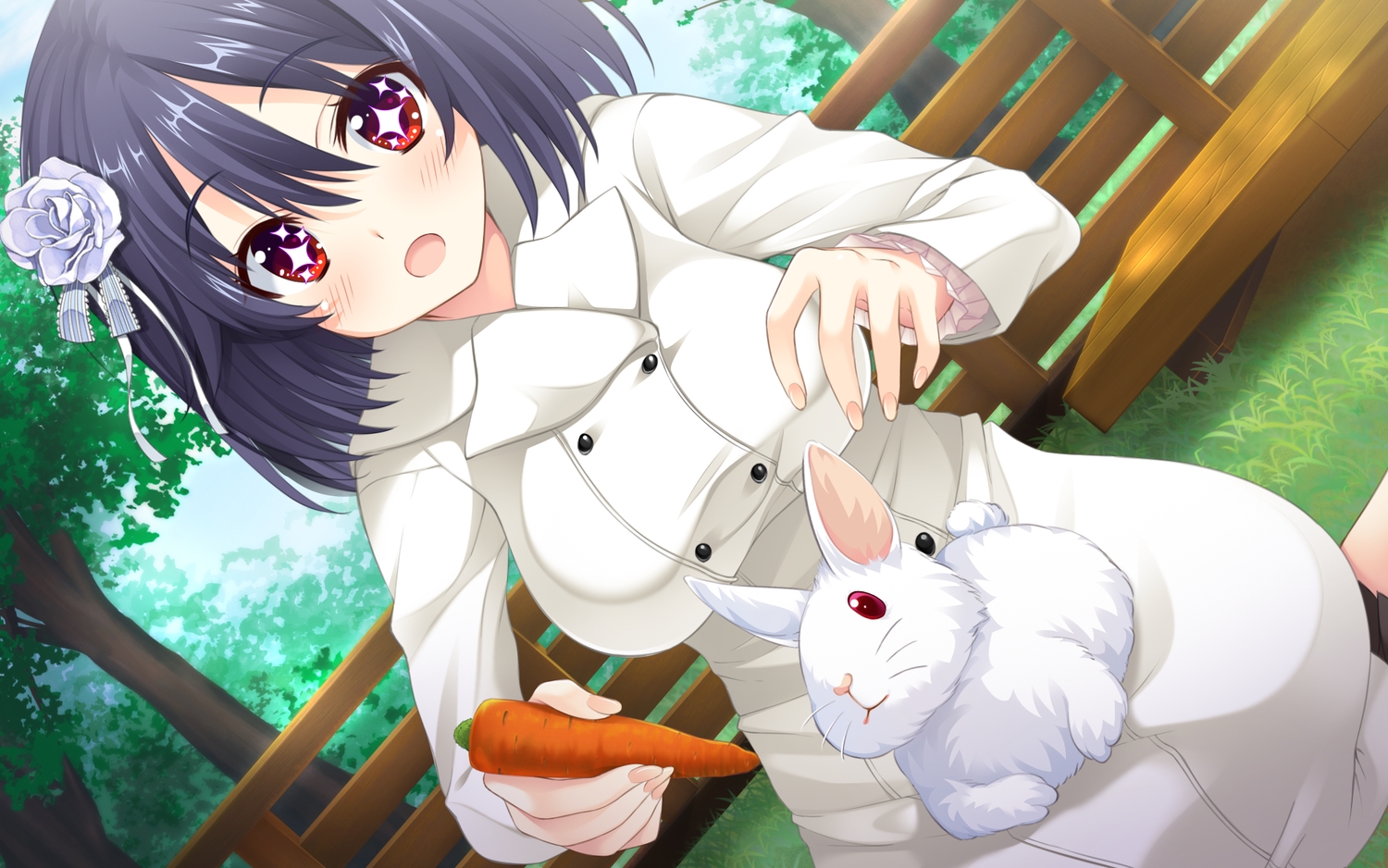 animal, aries, black_hair, flowers, food, game_cg, grass, green