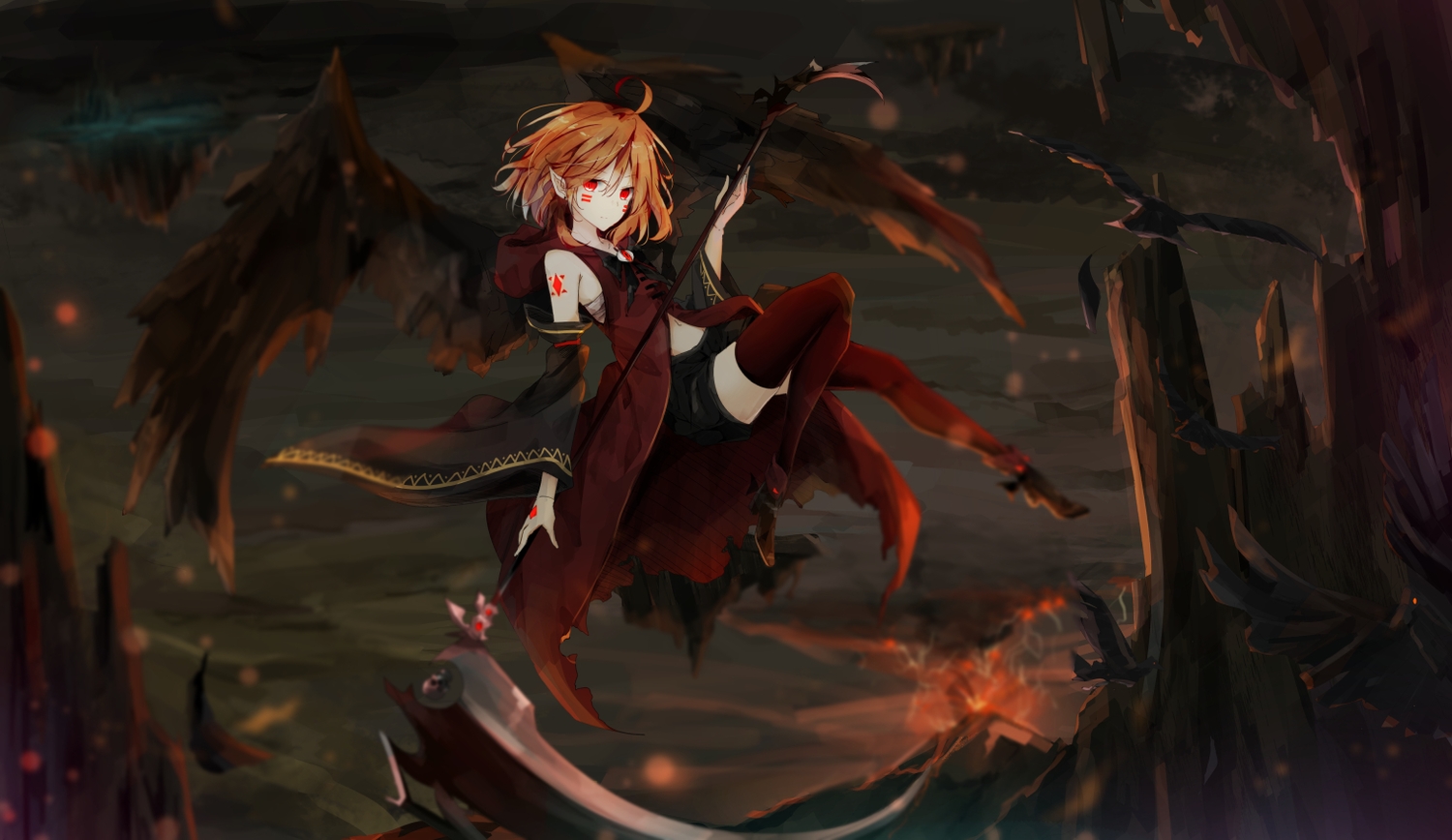 animal, bird, cape, orange_hair, original, pointed_ears, red_eyes, scythe, shiina_kuro, short_hair, thighhighs, weapon, wings