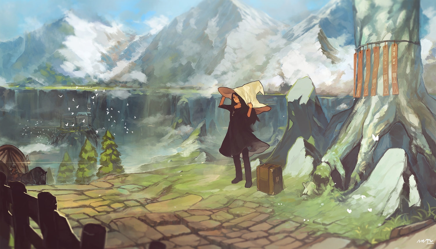 animal, bird, hat, landscape, nanora, original, scenic, tree, witch_hat