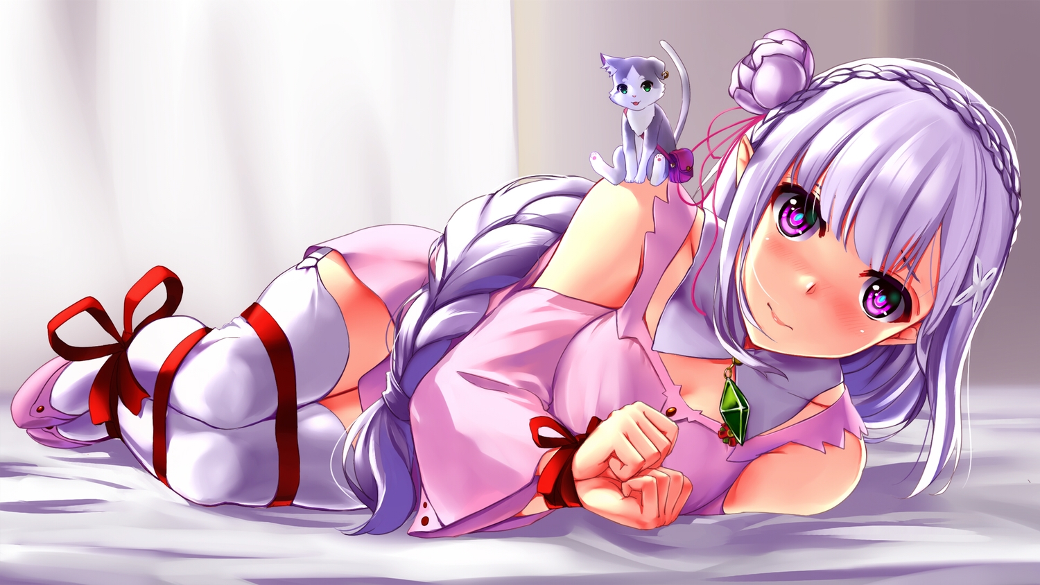 animal, bondage, cat, emilia_(re:zero), mizuki_ame, puck, re:zero_kara_hajimeru_isekai_seikatsu, ribbons