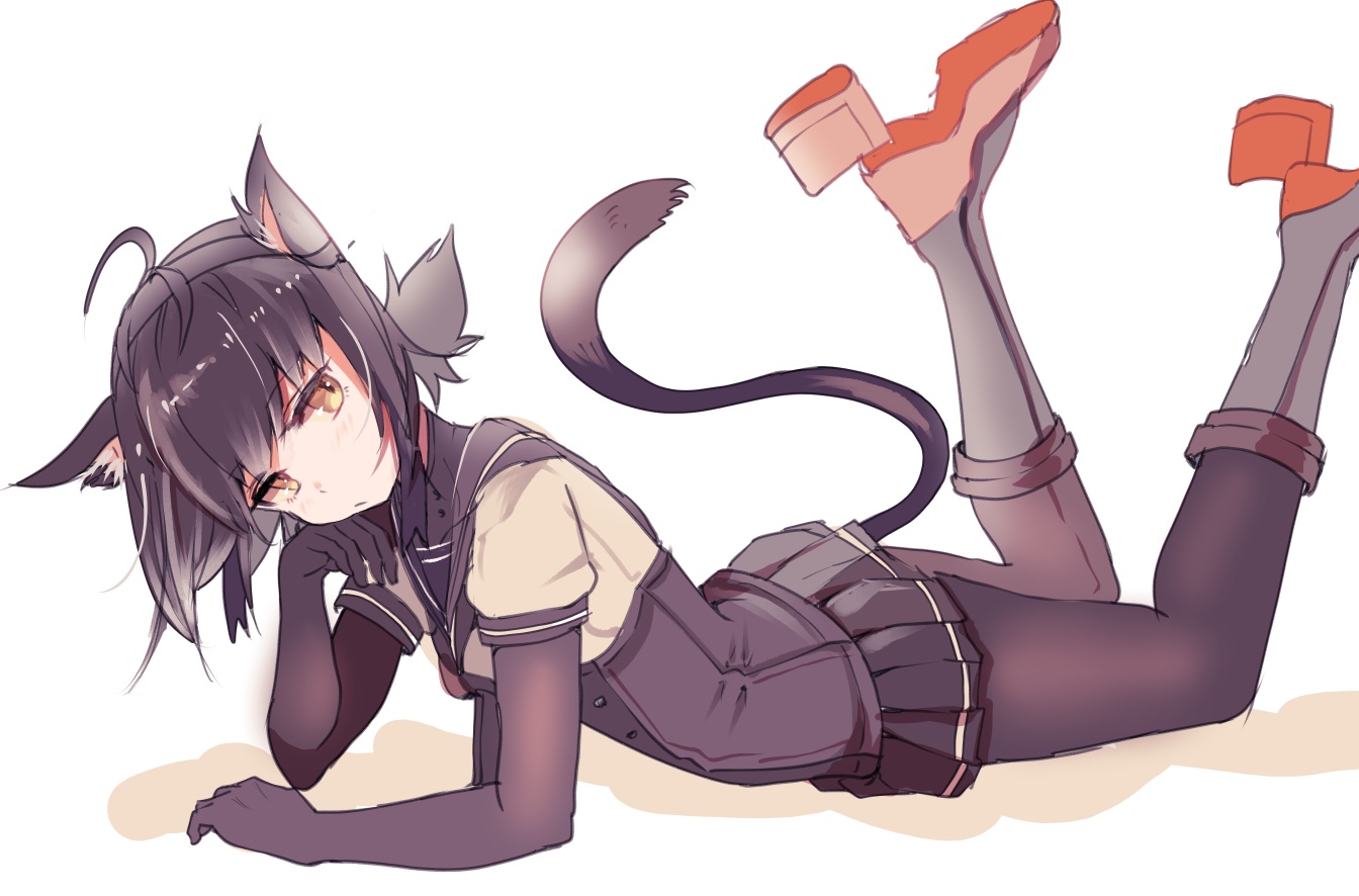animal_ears, anthropomorphism, black_hair, blush, boots, catgirl, cis_(carcharias), hatsuzuki_(kancolle)