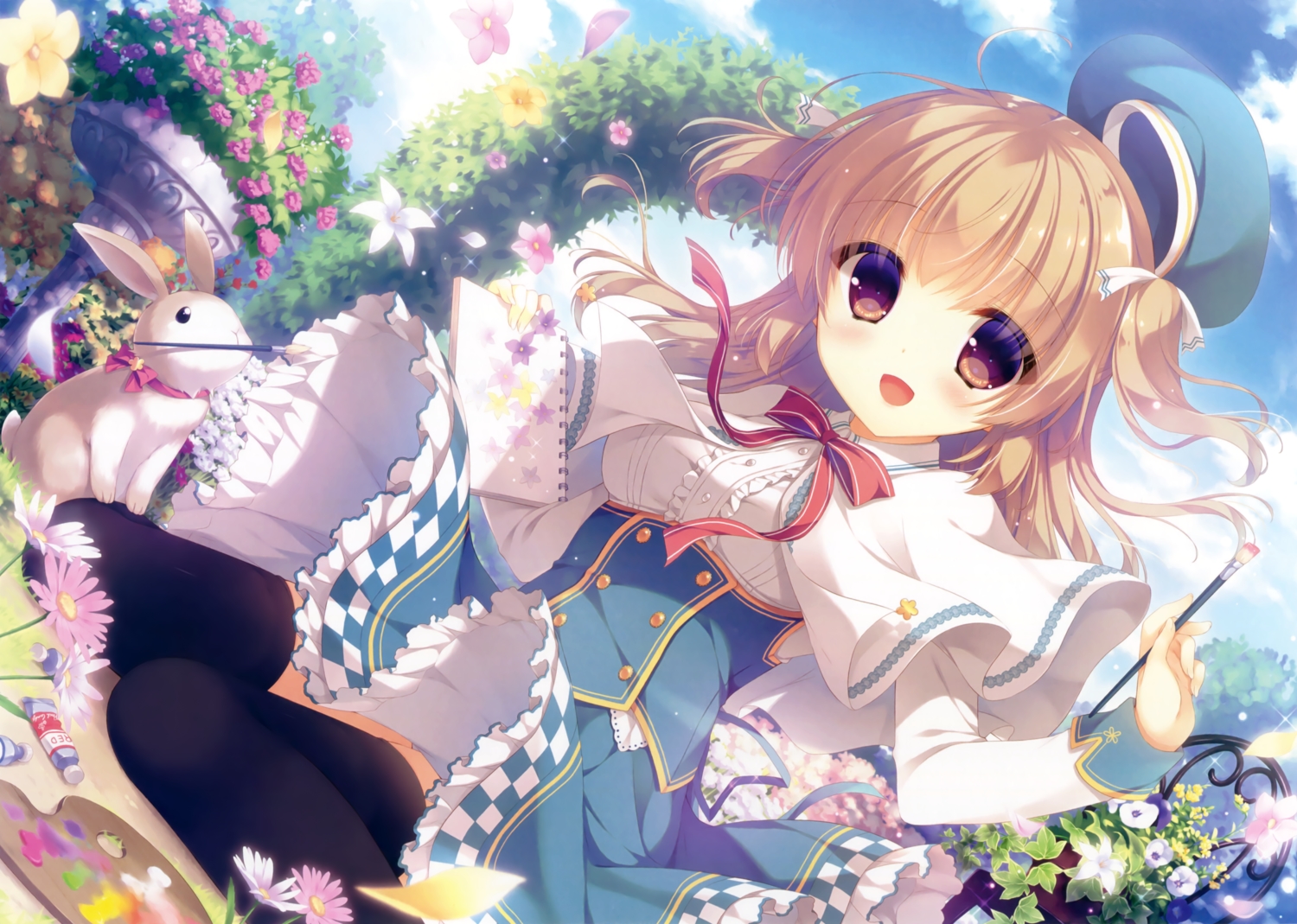 animal, brown_eyes, brown_hair, bunny, dress, flowers, hat, original