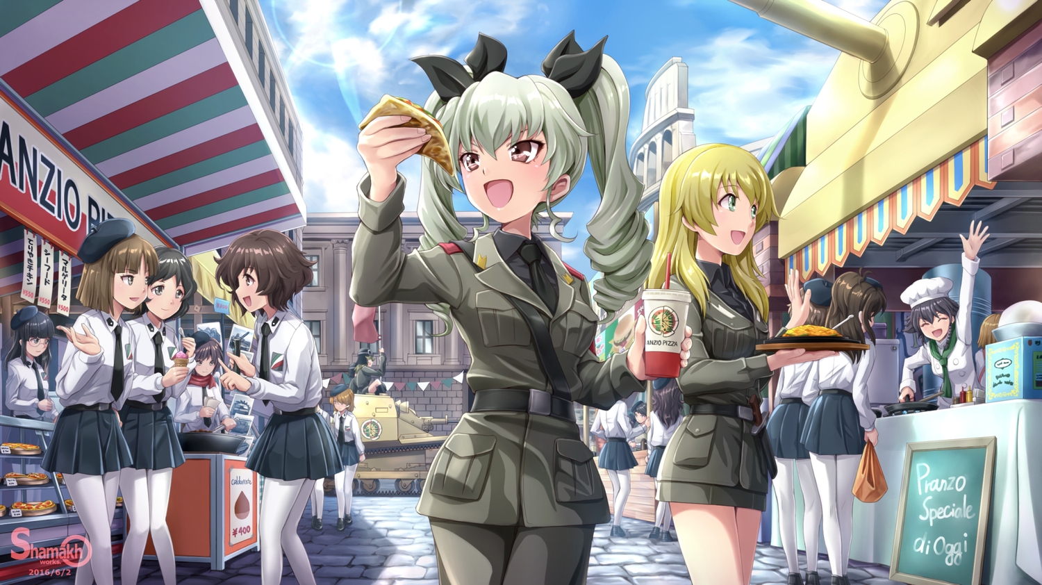 akiyama_yukari, anchovy, aqua_eyes, black_hair, blonde_hair, brown_eyes, brown_hair, carpaccio
