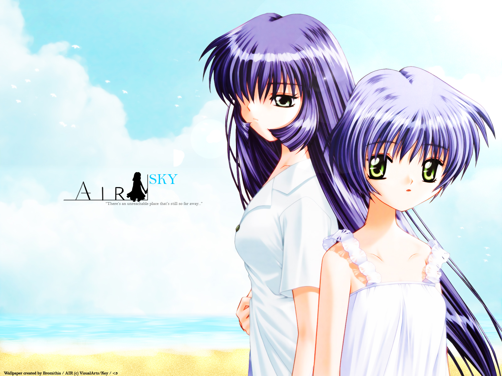 air, beach, blue_hair, green_eyes, key, kirishima_hijiri, kirishima_kano, signed
