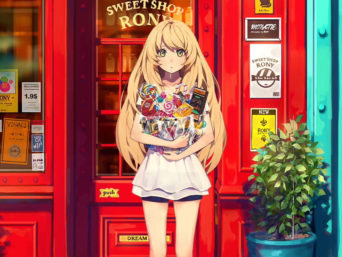 blonde_hair, blush, cropped, flowers, food, long_hair, original, shorts, yellow_eyes, yohan12