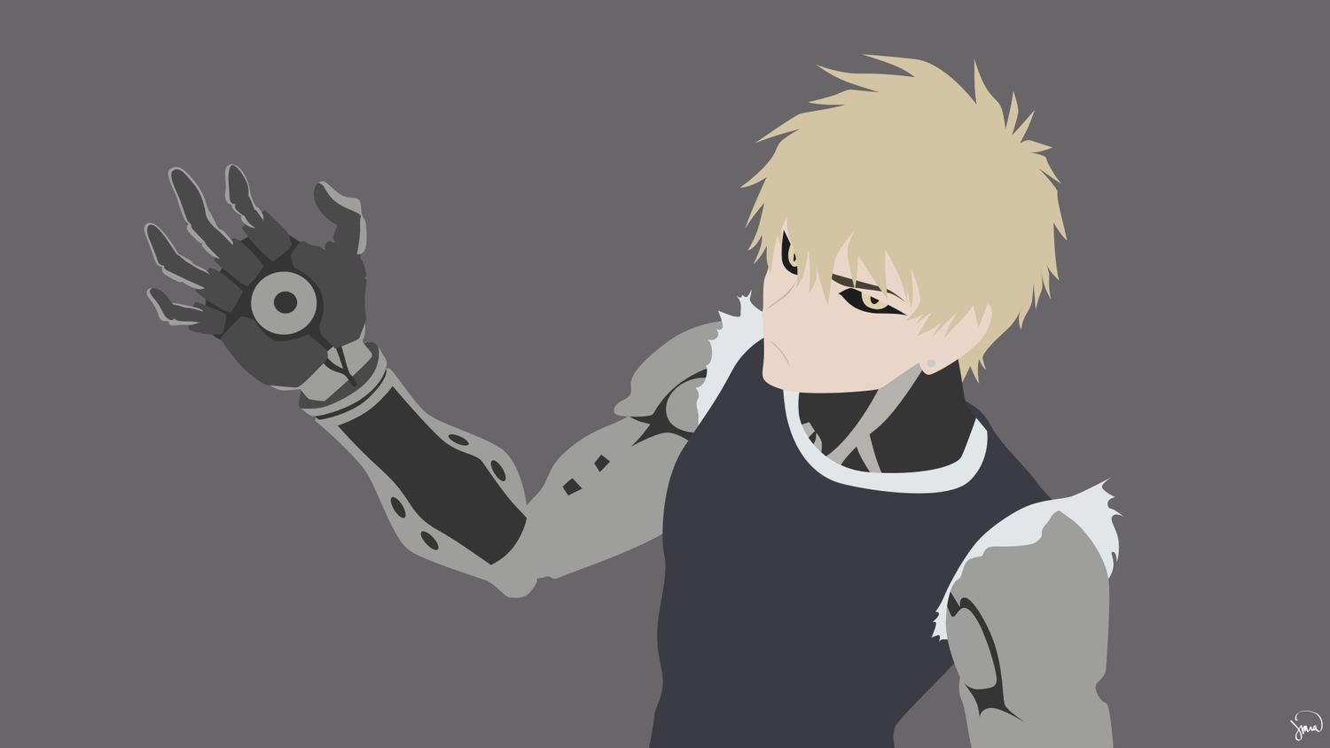 all_male, blonde_hair, genos, gray, greenmapple17, male, onepunch_man, polychromatic, robot, signed, silhouette, yellow_eyes