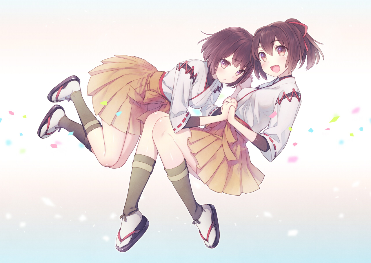 2girls, anthropomorphism, brown_eyes, brown_hair, hyuuga_(kancolle), ise_(kancolle), kantai_collection, kneehighs