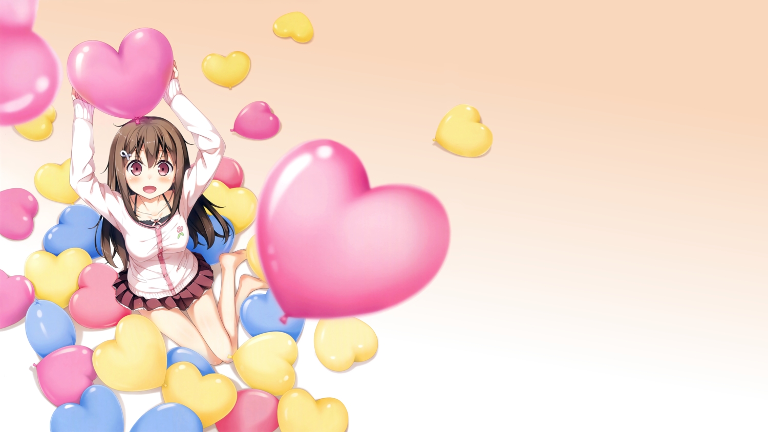 barefoot, blush, brown_eyes, brown_hair, cube, gradient, heart, kantoku