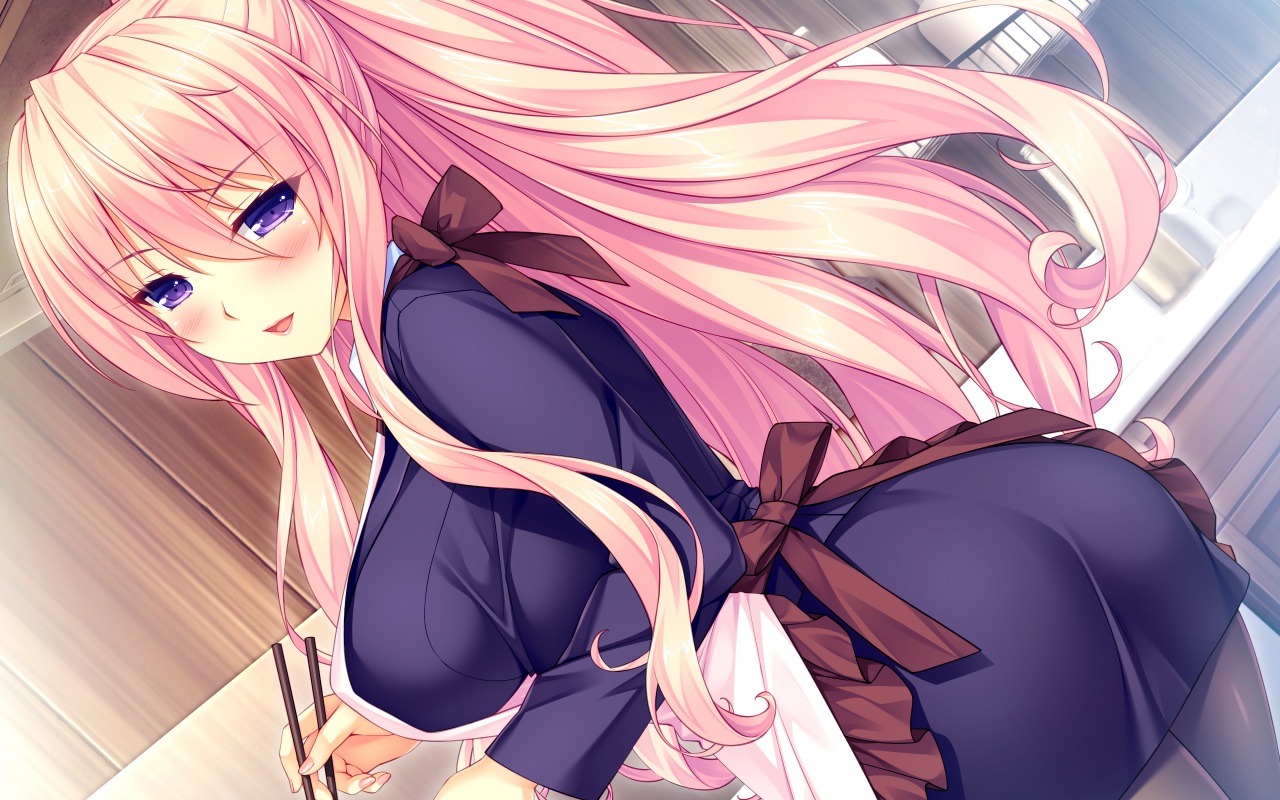 apron, ass, blush, boku_to_koi_suru_ponkotsu_akuma, breasts, game_cg, kiritani_reika, long_hair, pink_hair, purple_eyes, sayori, skirt, smile, suit