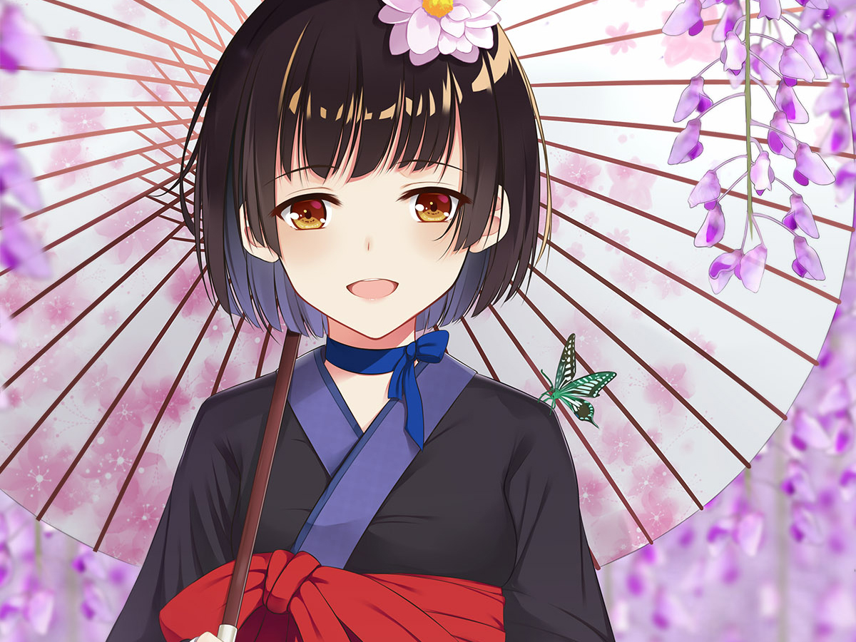 blush, bow, brown_hair, butterfly, choker, cropped, flan_(seeyouflan), flowers