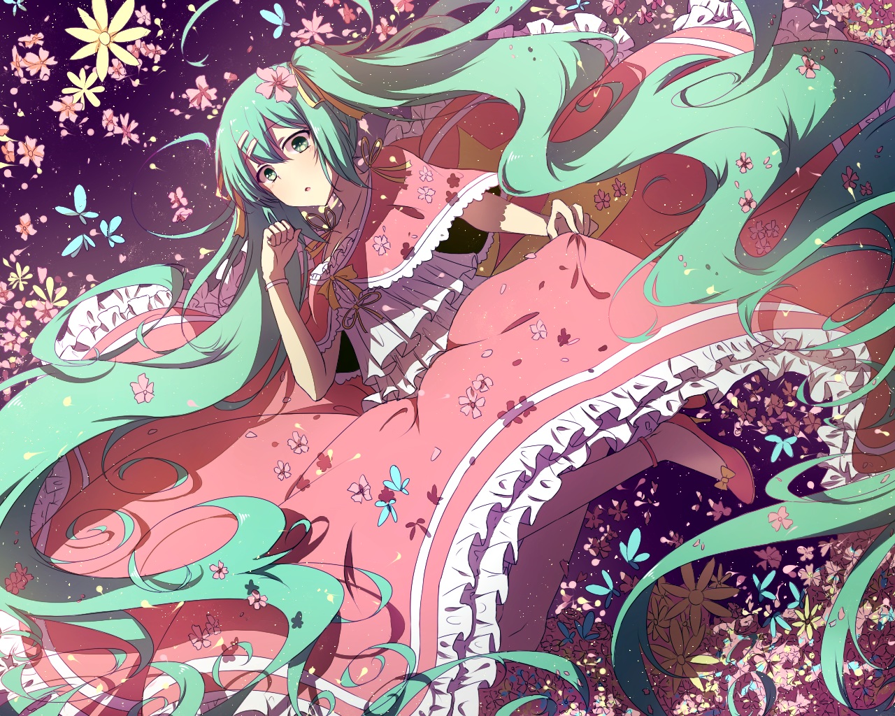 aliasing, aqua_eyes, aqua_hair, blush, bow, butterfly, dress, flowers