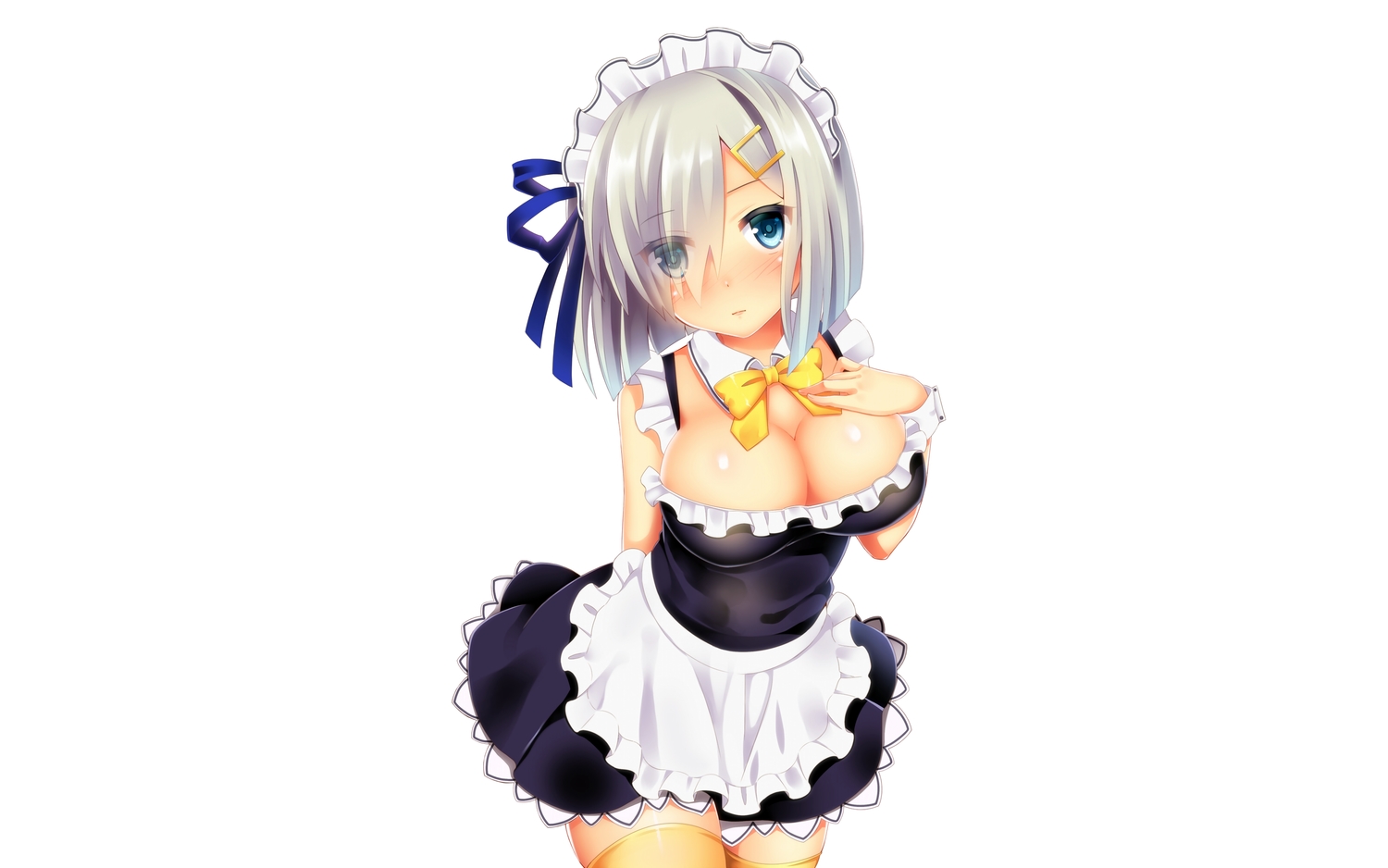 anthropomorphism, breasts, cleavage, hamakaze_(kancolle), headdress, kantai_collection, maid, suzu, thighhighs, third-party_edit, white